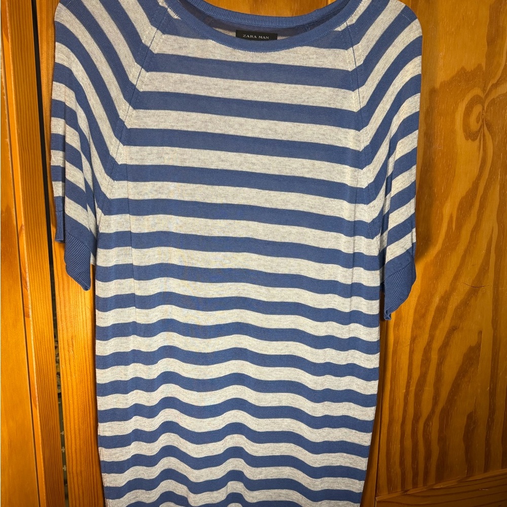 Zara Man Navy and White Striped Knit Tee Size L